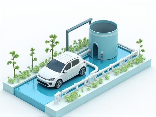 Schema einer modernen Wasseraufbereitungsanlage mit grünen Pfeilen, die den Wasserkreislauf symbolisieren